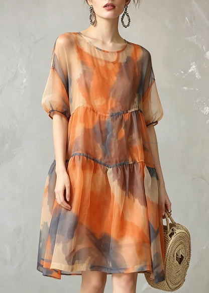 Women Orange O-Neck Tulle Long Dress And Vest Two-Piece Set Summer