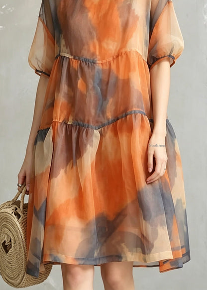 Women Orange O-Neck Tulle Long Dress And Vest Two-Piece Set Summer