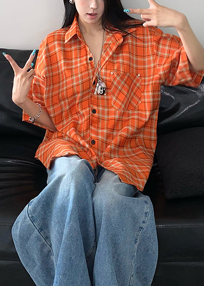 Women Orange Oversized Plaid Cotton Top Summer