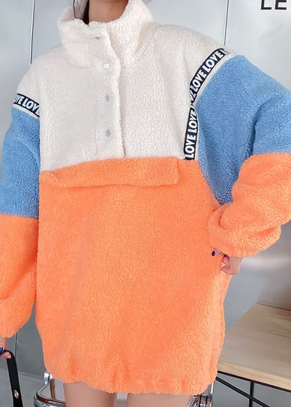 Frauen Orange Patchwork Button Winter Sweatshirts