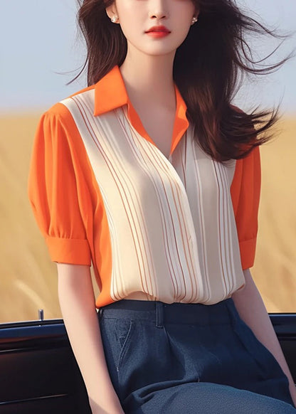 Frauen Orange Peter Pan Kragen Patchwork Chiffon Shirt Sommer