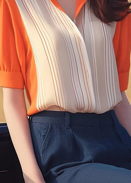 Frauen Orange Peter Pan Kragen Patchwork Chiffon Shirt Sommer