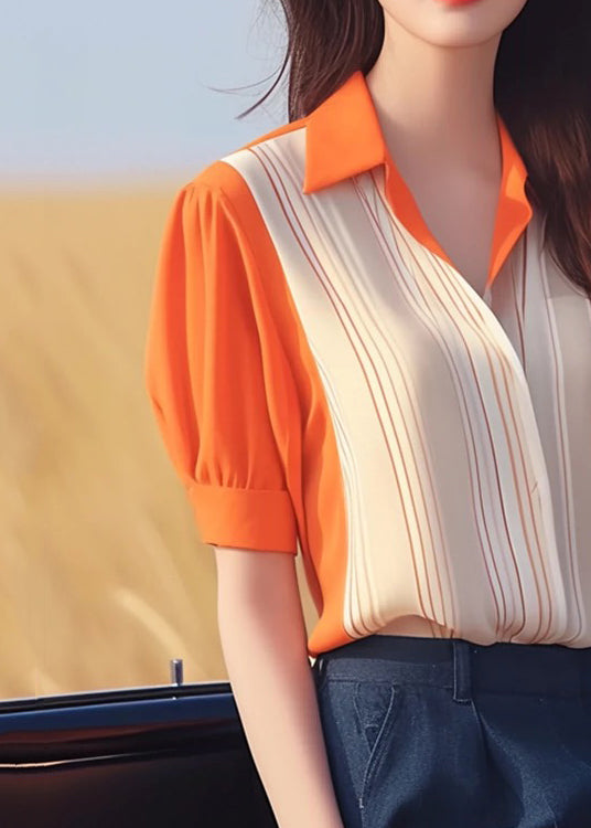 Frauen Orange Peter Pan Kragen Patchwork Chiffon Shirt Sommer