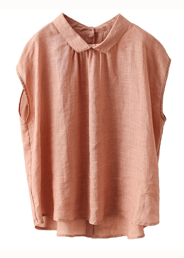 Frauen Orange Peter Pan Kragen Patchwork Leinen Blusen Sommer