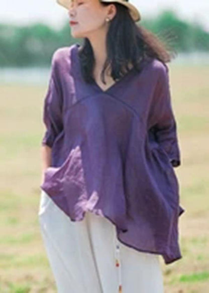 Women Orange Ramie Lace-up Pure Color Irregular Casual T-shirt - SooLinen