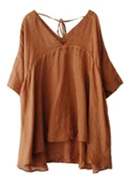 Women Orange Ramie Lace-up Pure Color Irregular Casual T-shirt - SooLinen