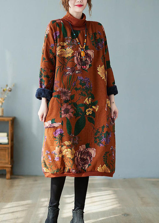 Frauen Orange Rot Rollkragen Drucken Warme Fleece Sweatshirts kleid Winter