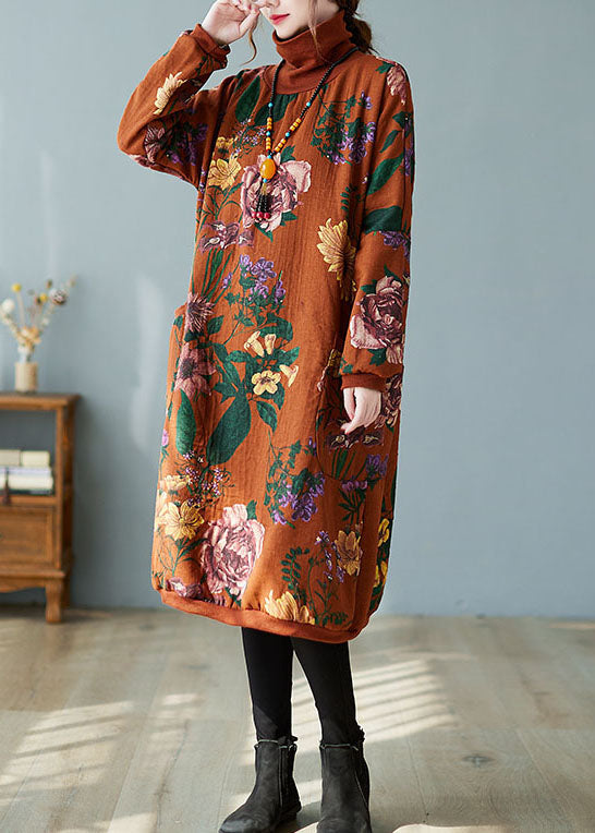 Frauen Orange Rot Rollkragen Drucken Warme Fleece Sweatshirts kleid Winter