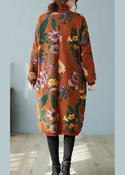 Frauen Orange Rot Rollkragen Drucken Warme Fleece Sweatshirts kleid Winter