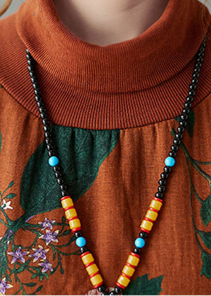 Frauen Orange Rot Rollkragen Drucken Warme Fleece Sweatshirts kleid Winter