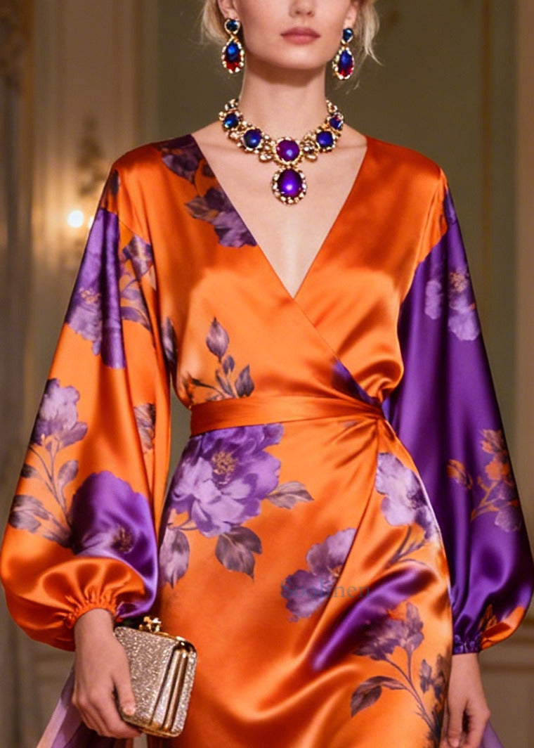 Women Orange Ruffled Print Silk Robe Dresses Lantern Sleeve