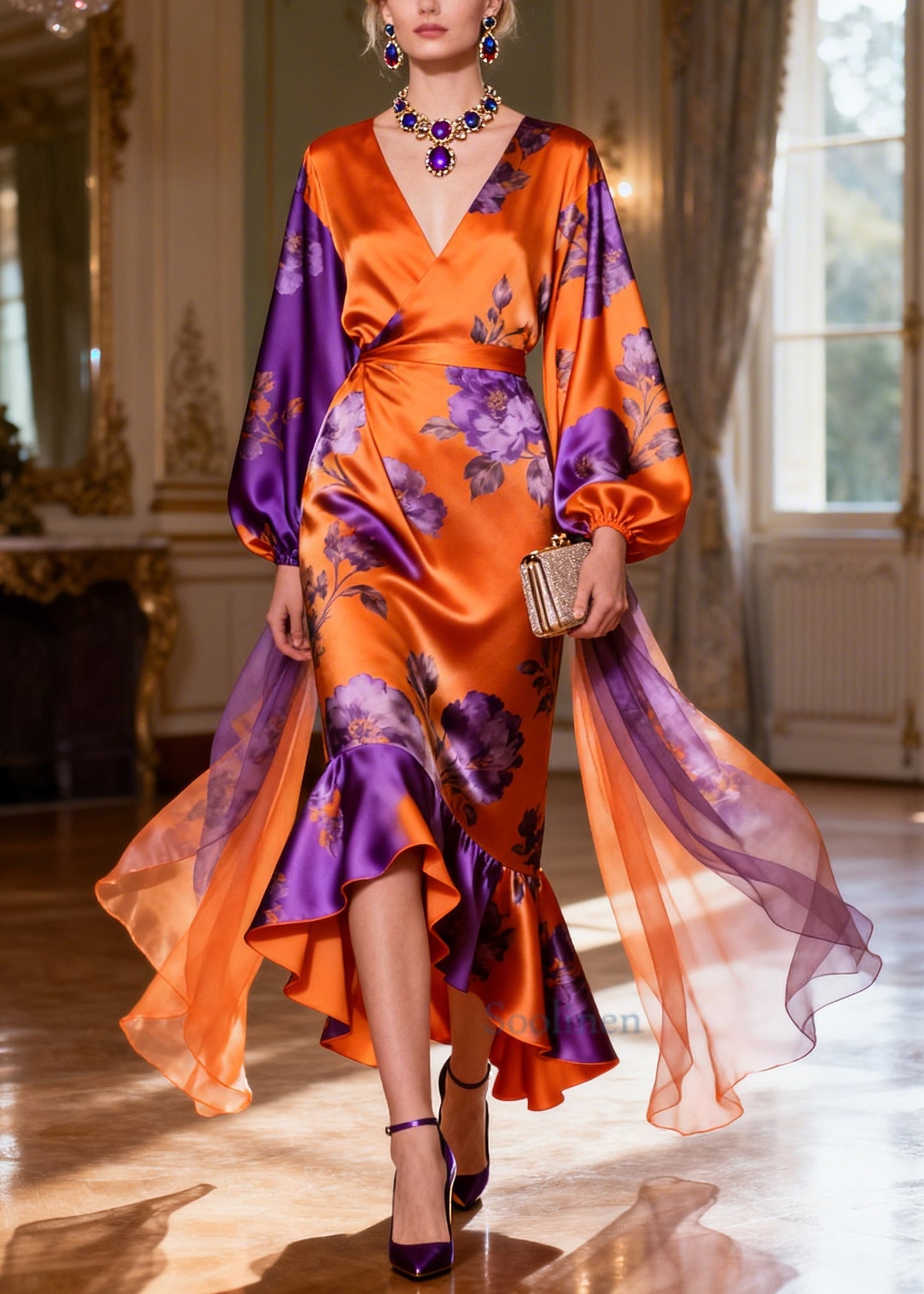 Women Orange Ruffled Print Silk Robe Dresses Lantern Sleeve