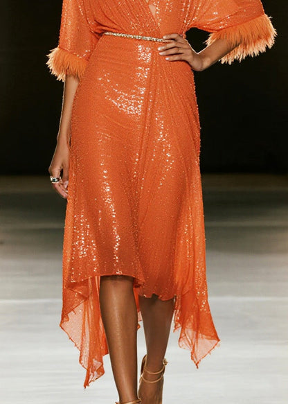 Women Orange Sequins Patchwork Faux Fur Vacation Dresses Summer