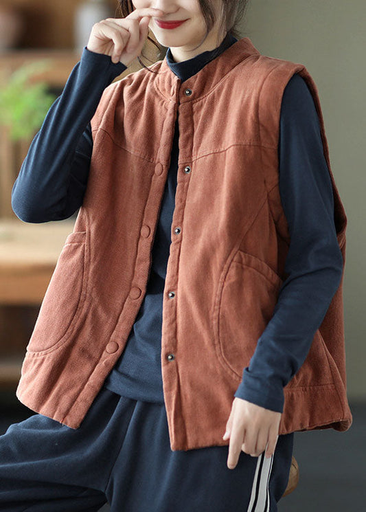 Damen Orange Stehkragen Knopftaschen Winter Ärmellose Weste