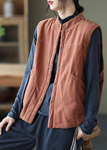 Damen Orange Stehkragen Knopftaschen Winter Ärmellose Weste