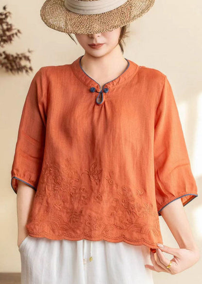 Women Orange Stand Collar Embroidered Linen Shirt Summer