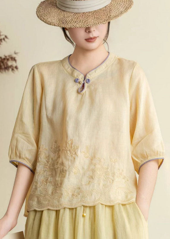 Women Orange Stand Collar Embroidered Linen Shirt Summer