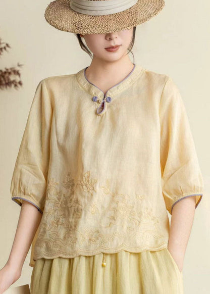 Women Orange Stand Collar Embroidered Linen Shirt Summer