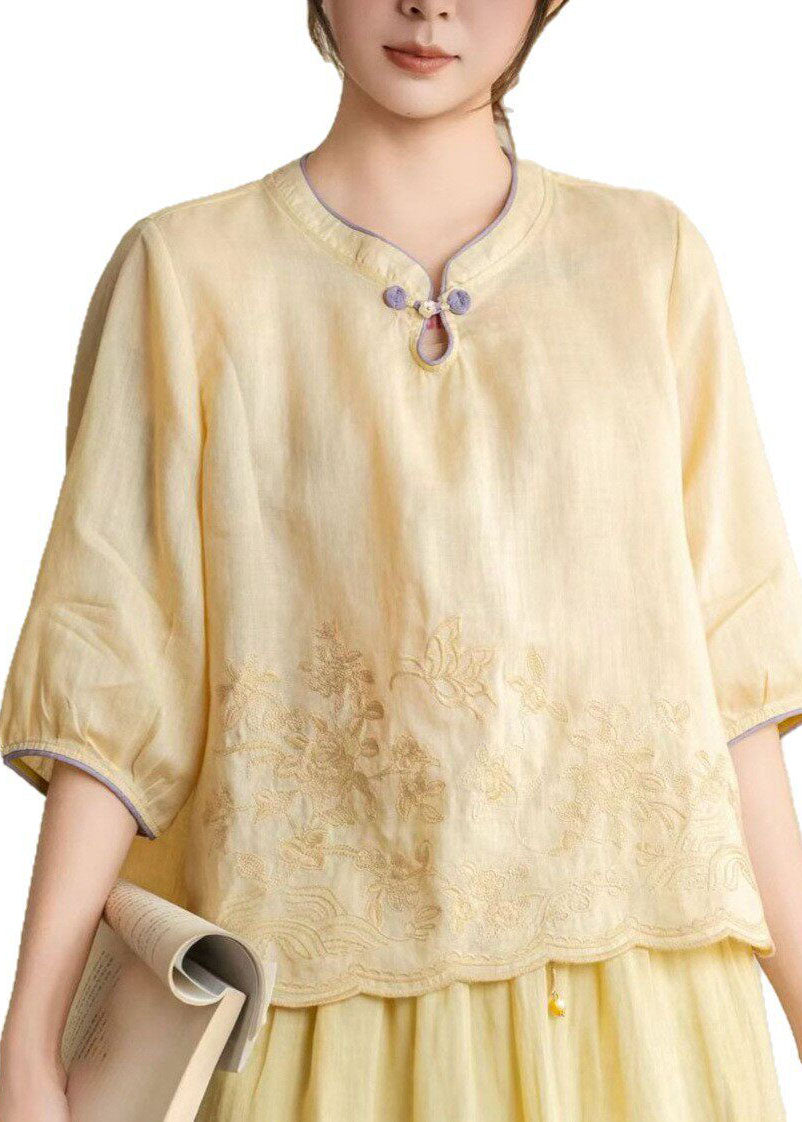 Women Orange Stand Collar Embroidered Linen Shirt Summer