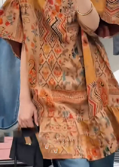 Damen Orangefarbene Seidenblusen mit Stehkragen, Patchwork-Print und Sommerprint