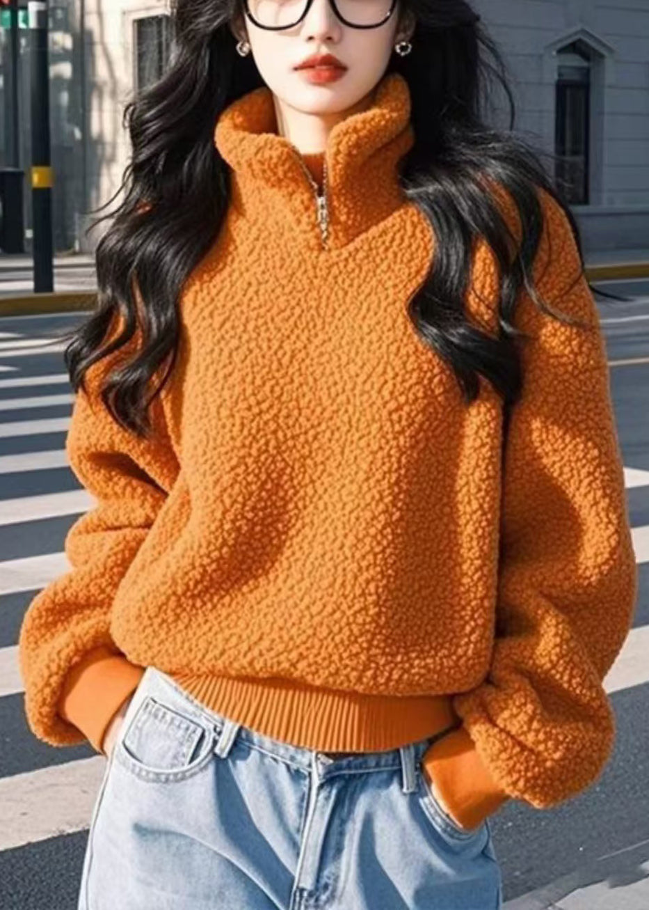 Damen Orange Stehkragen Reißverschluss Einfarbiges flauschiges Sweatshirt Winter
