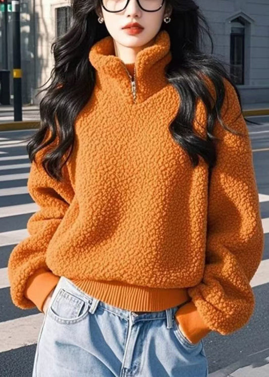 Sudadera naranja con cuello alto y cremallera para mujer, lisa y esponjosa, para invierno