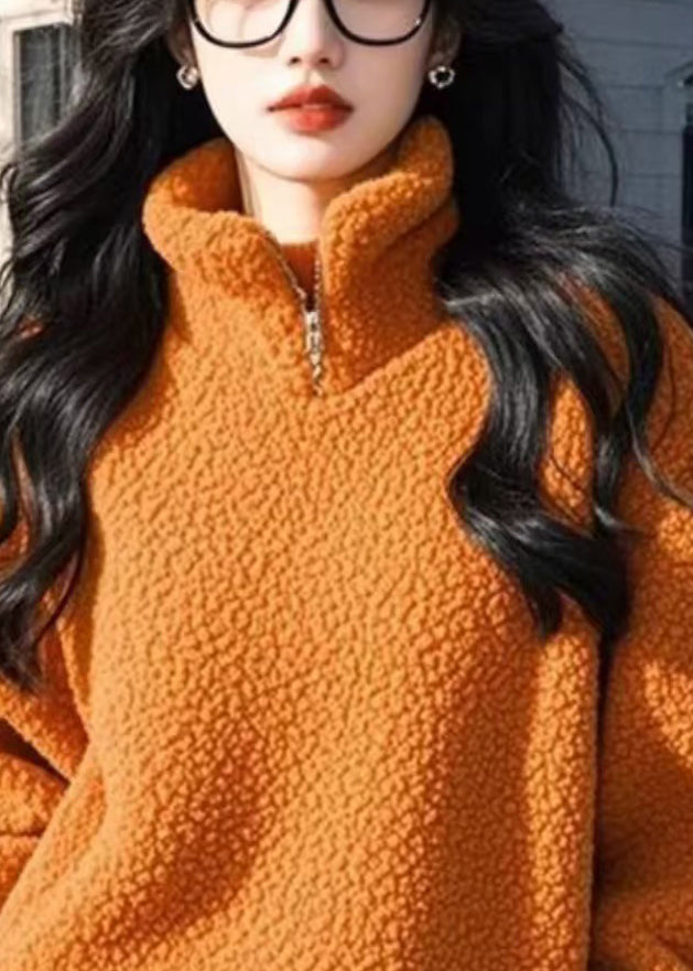Damen Orange Stehkragen Reißverschluss Einfarbiges flauschiges Sweatshirt Winter