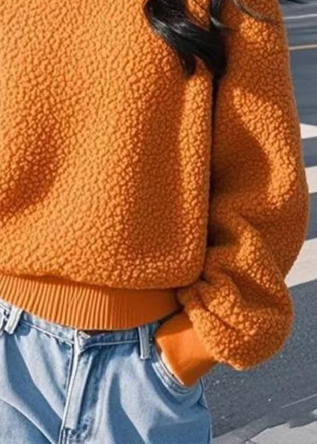 Damen Orange Stehkragen Reißverschluss Einfarbiges flauschiges Sweatshirt Winter