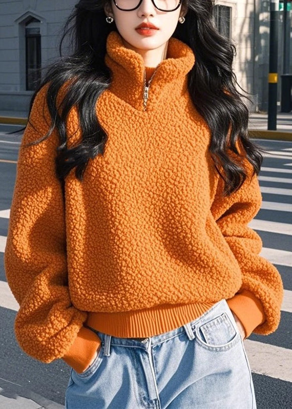 Damen Orange Stehkragen Reißverschluss Einfarbiges flauschiges Sweatshirt Winter