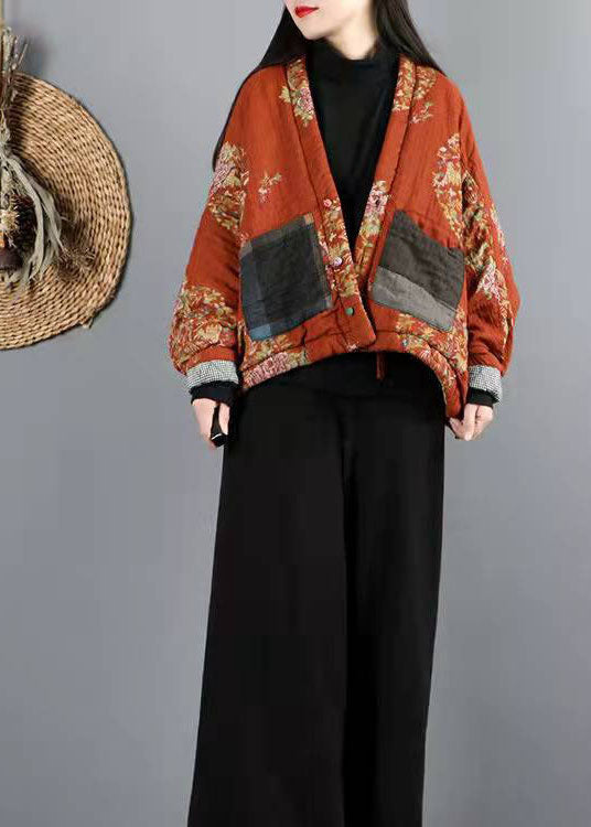 Orangefarbene Winteroberbekleidung mit V-Ausschnitt und feiner Baumwollfüllung für Damen