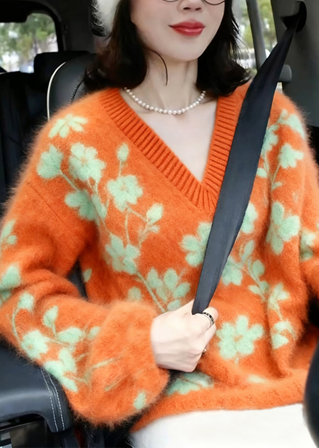 Suéter corto de punto jacquard con cuello en V naranja para mujer para invierno