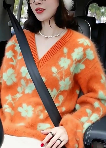 Suéter corto de punto jacquard con cuello en V naranja para mujer para invierno