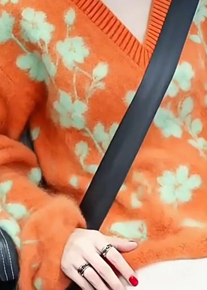 Suéter corto de punto jacquard con cuello en V naranja para mujer para invierno