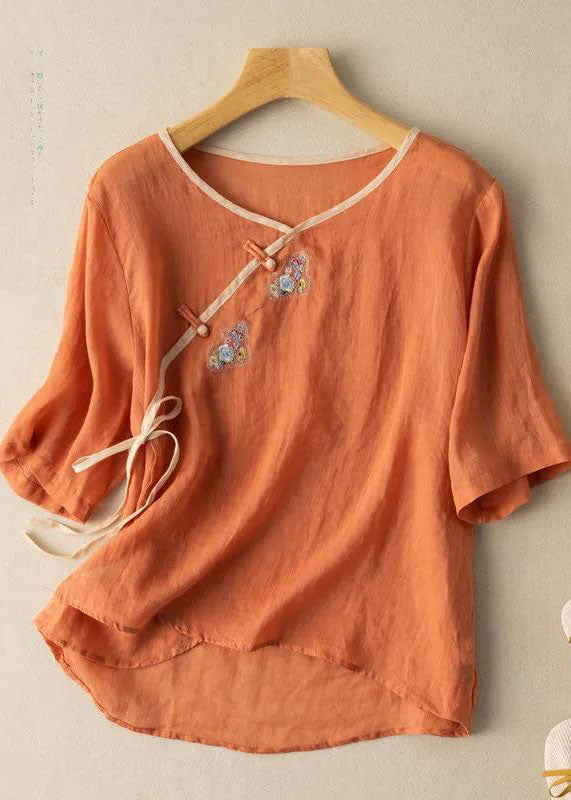 Frauen Orange V Hals binden Taille Embroideried Leinen Shirt Top Frühling