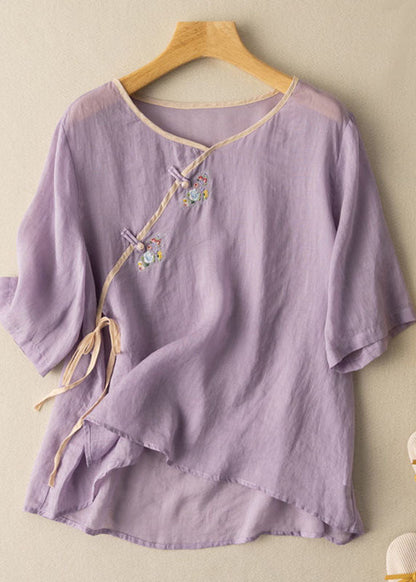 Frauen Orange V Hals binden Taille Embroideried Leinen Shirt Top Frühling