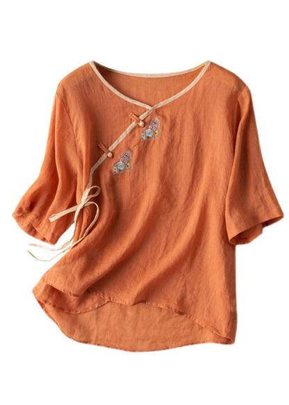 Frauen Orange V Hals binden Taille Embroideried Leinen Shirt Top Frühling