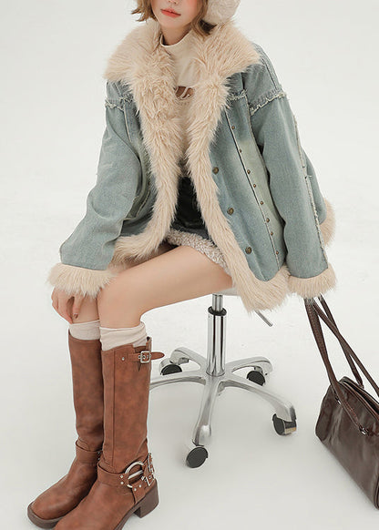Women Oversized Patchwork Faux Fur Fine Cotton Filled Denim Coats Winter