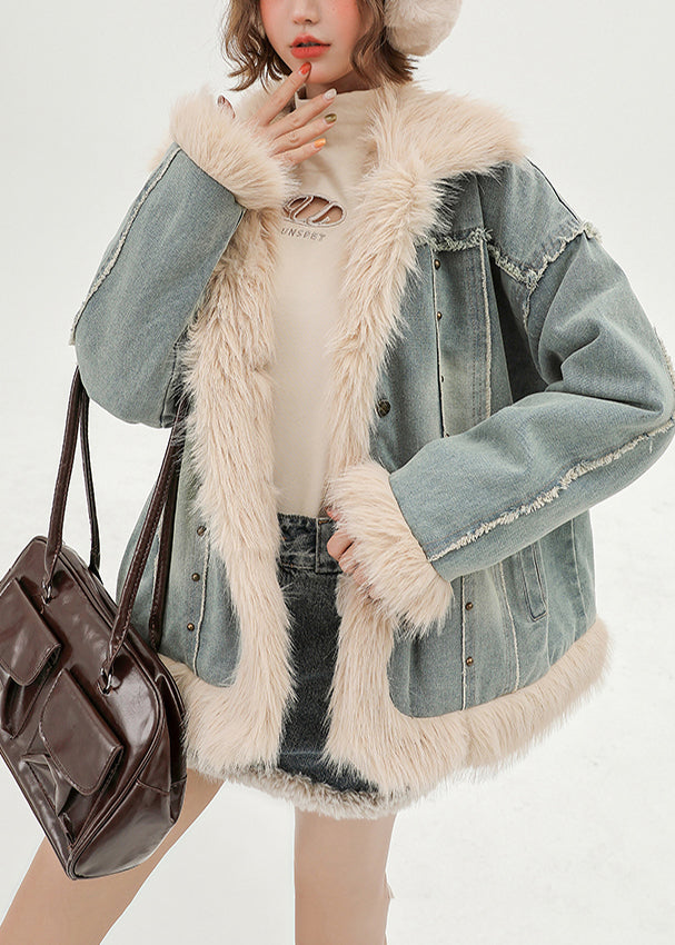 Women Oversized Patchwork Faux Fur Fine Cotton Filled Denim Coats Winter