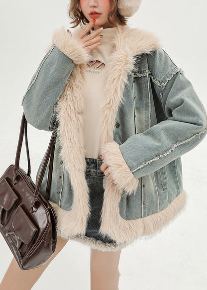 Women Oversized Patchwork Faux Fur Fine Cotton Filled Denim Coats Winter