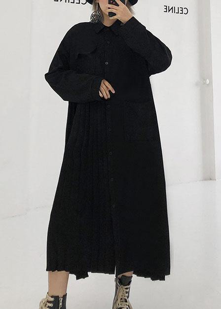 Women POLO collar cotton clothes For Women black long shirt Dress - SooLinen