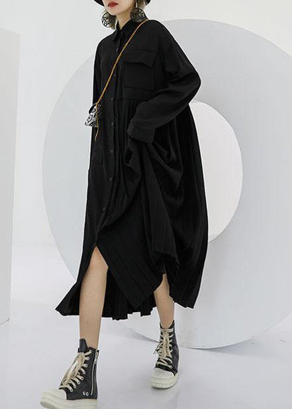 Women POLO collar cotton clothes For Women black long shirt Dress - SooLinen