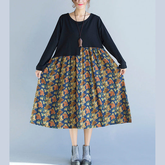 Frauen Patchwork Kleid Dame Mode Blumendruck Kleider