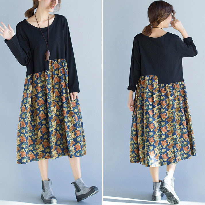 Frauen Patchwork Kleid Dame Mode Blumendruck Kleider