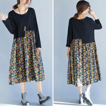 Frauen Patchwork Kleid Dame Mode Blumendruck Kleider