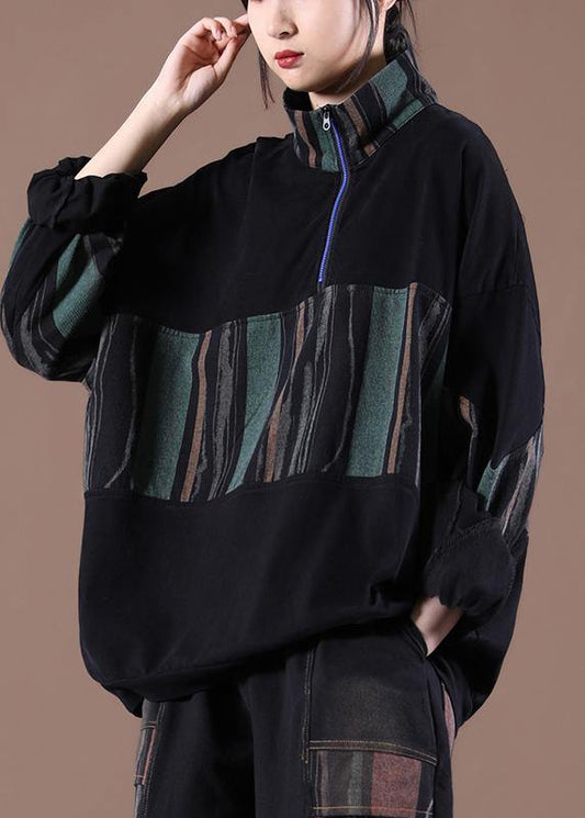 Women Patchwork Spring Handmade Tunics For Black Tops - SooLinen