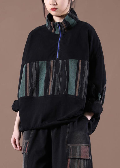 Women Patchwork Spring Handmade Tunics For Black Tops - SooLinen