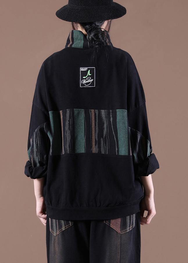 Women Patchwork Spring Handmade Tunics For Black Tops - SooLinen