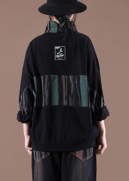 Women Patchwork Spring Handmade Tunics For Black Tops - SooLinen