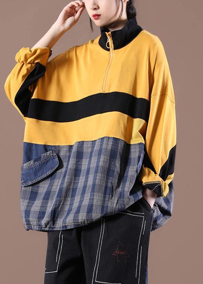 Women Patchwork Spring Italian Blouses Yellow Tops - SooLinen