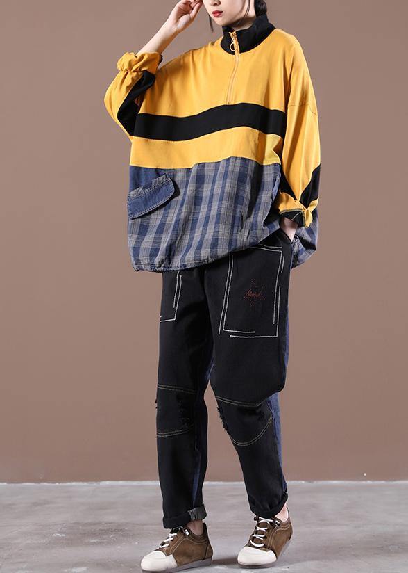 Women Patchwork Spring Italian Blouses Yellow Tops - SooLinen